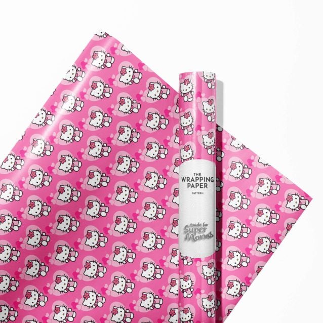 Edge-to-edge print detail on a roll of Hello Kitty character wrapping paper.