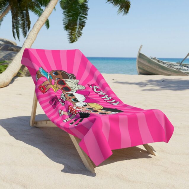 Draped L.O.L. Surprise swim towel featuring the dolls, personalized with your child's name on quick-dry terry.