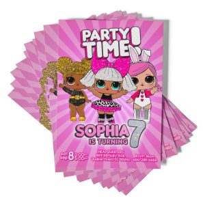 Customizable LOL Invitations with three L.O.L. Surprise dolls and 'Party Time!' headline.