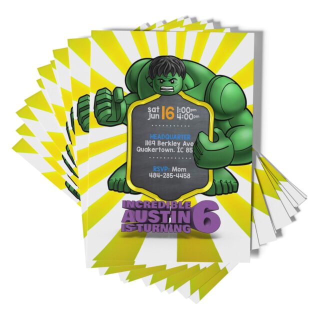 LEGO Hulk superhero personalized party invitation card.