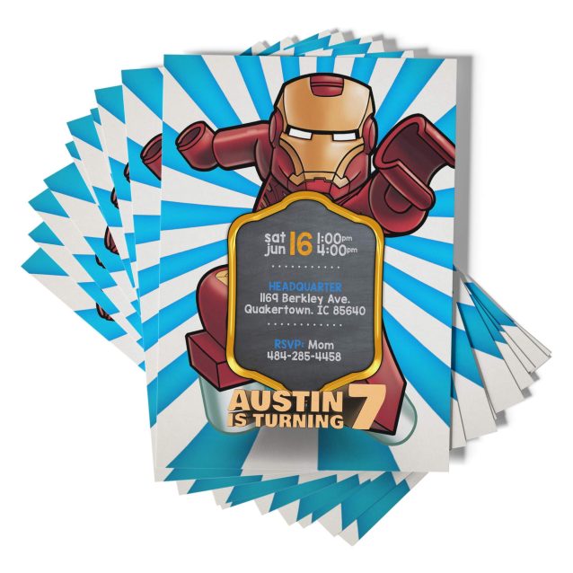 Lego Iron Man Invitations: A superhero-themed invite with customizable details. Available in PDF or JPG format for printing.