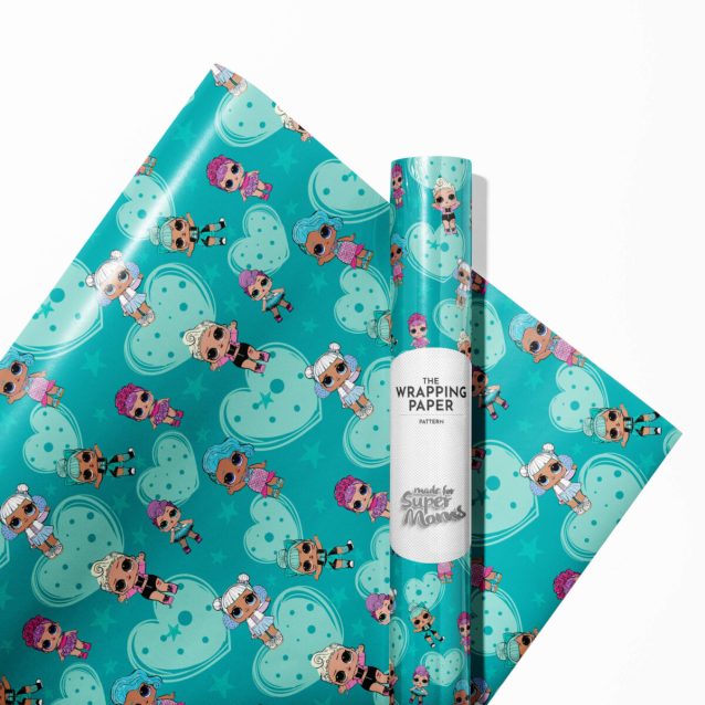 Close-up of vibrant LOL Surprise Wrapping Paper roll with popular doll characters.