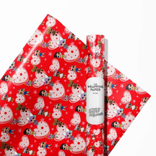 A neatly wrapped gift using LOL Surprise Wrapping Paper with a glossy finish.