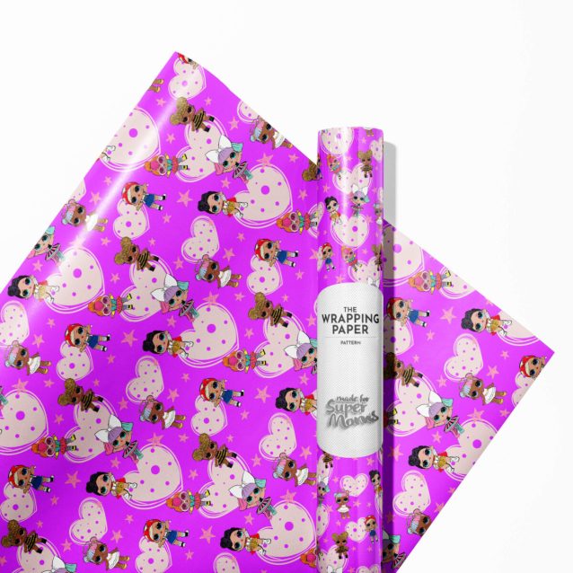 Detailed view of an LOL Surprise character print on the gift wrap.