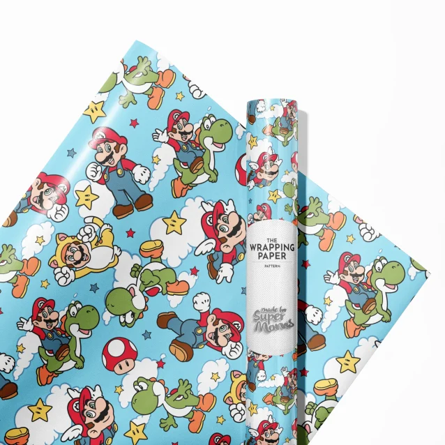 A roll of glossy Super Mario gift wrap showcasing a fun pattern of Super Stars, 1-Up Mushrooms, and Fire Flowers on a red background.