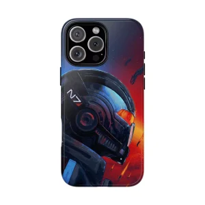 A person holding an iPhone with the Paragon and Renegade Mass Effect phone case.