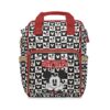 Black-and-white checkerboard Mickey faces diaper bag backpack with red handles and trim.