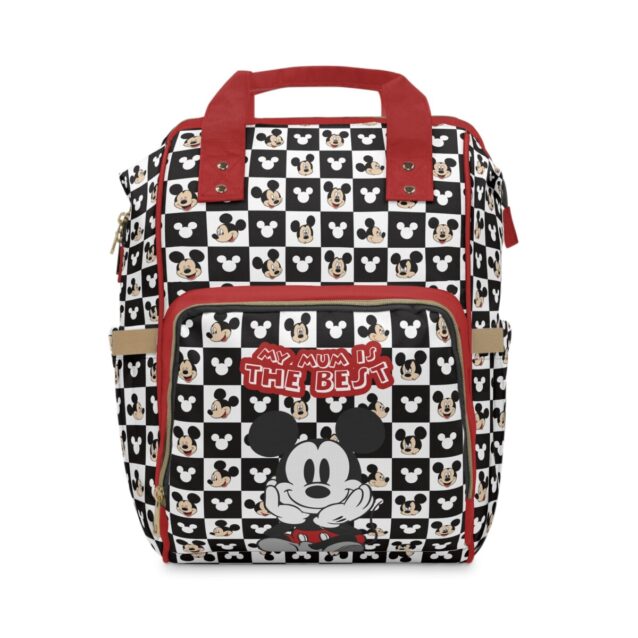 Black-and-white checkerboard Mickey faces diaper bag backpack with red handles and trim.