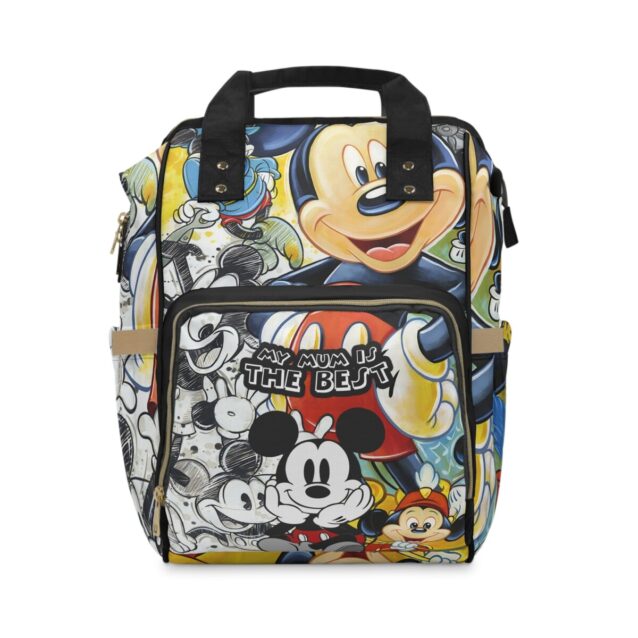 Colorful cartoon collage Mickey Mouse diaper bag backpack with large vintage Disney artwork.