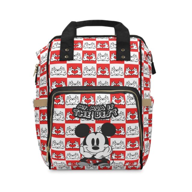 Red and white comic-check Mickey Mouse nappy bag with vintage cartoon panels and "My Mum Is The Best" lettering.