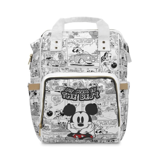 White comic-strip Mickey Mouse diaper backpack printed with classic black-and-white cartoon panels.