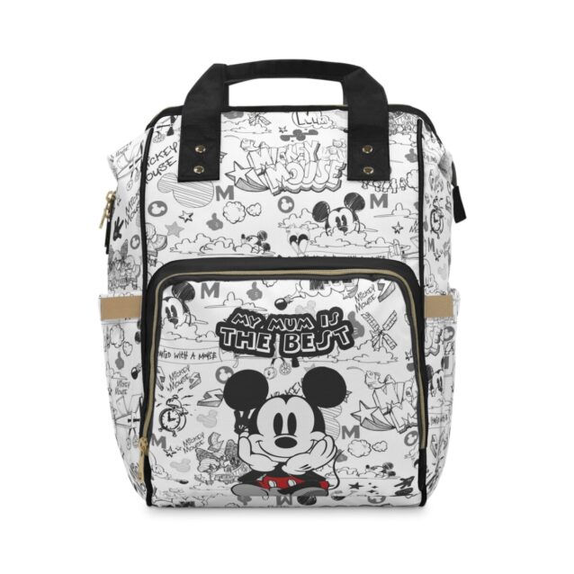 White Mickey Mouse diaper bag backpack covered in vintage sketch doodles, big Mickey on the front pocket with "My Mum Is The Best" print.