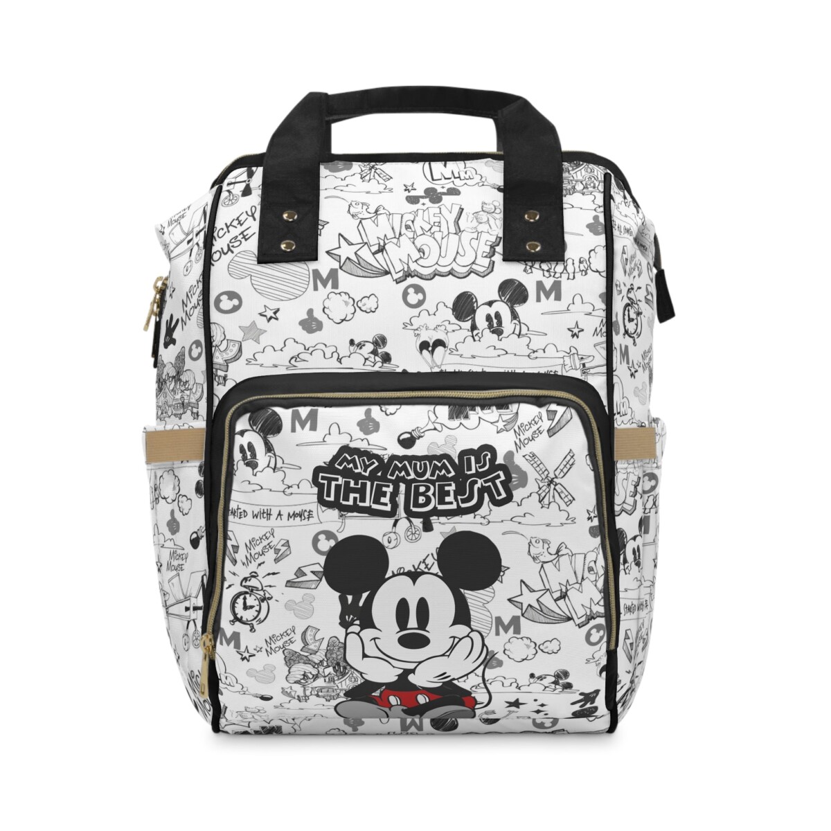 White Mickey Mouse diaper bag backpack covered in vintage sketch doodles, big Mickey on the front pocket with "My Mum Is The Best" print.