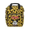 Yellow Mickey Mouse diaper bag with a black Mickey-ears polka pattern and a big Mickey face pocket.