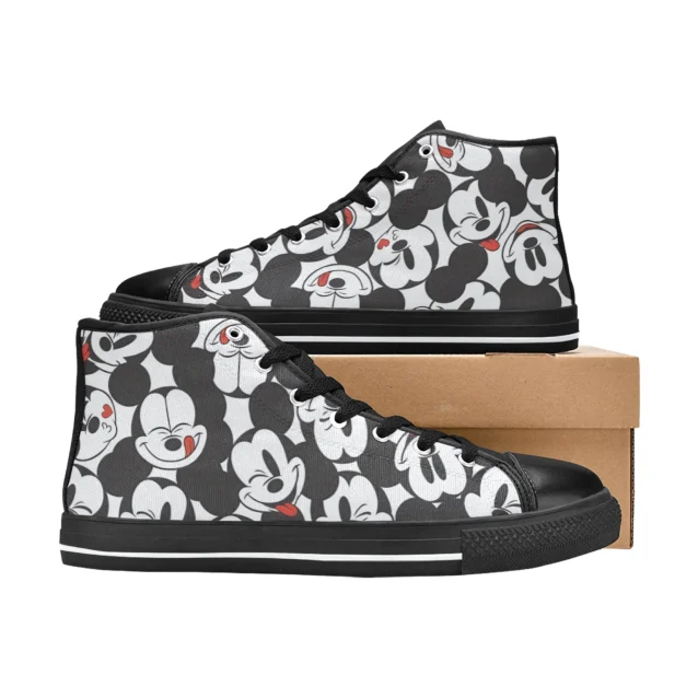 Front view of classic black Mickey Mouse sneakers for kids featuring durable canvas uppers and white laces.