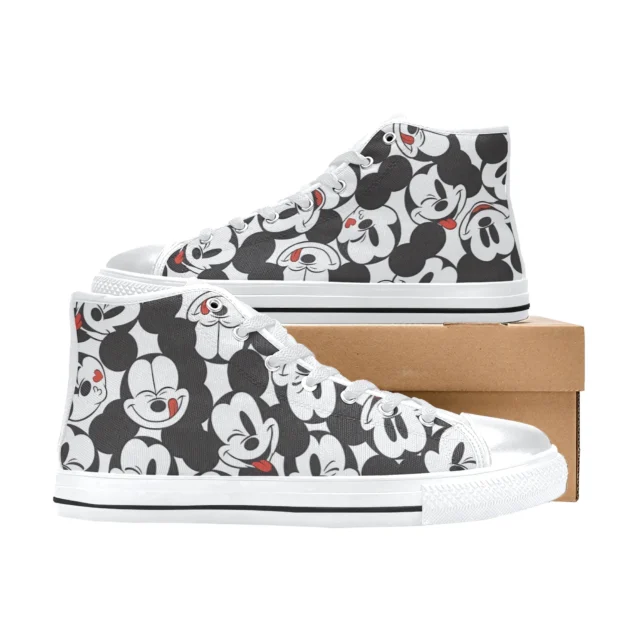 Rear view of the classic black Mickey Mouse kids sneakers showcasing the thick, supportive rubber heel construction.
