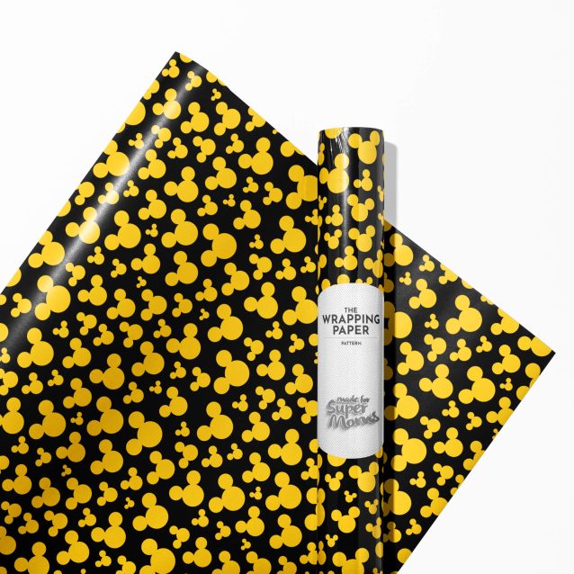 Edge-to-edge print detail on a sheet of Mickey Mouse gift wrap.