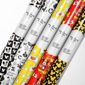 Roll of vibrant Mickey Mouse wrapping paper featuring classic Mickey poses.