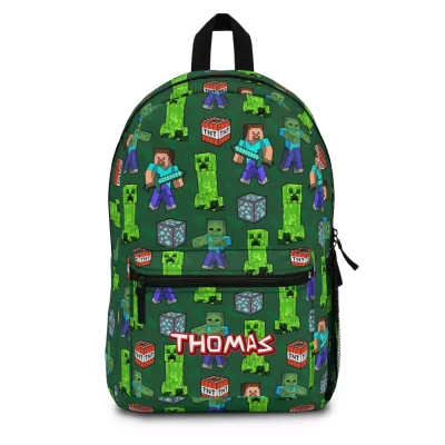 Front view of a personalized Minecraft Enderman backpack, designed like the tall black mob with glowing purple eyes and a custom name.