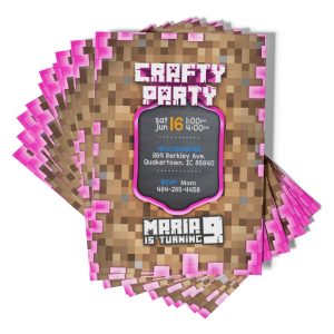 Personalized Minecraft party invitation with Creeper design.
