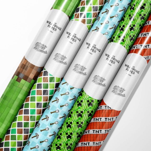 Minecraft wrapping paper roll with "Happy Birthday" text amidst game blocks.