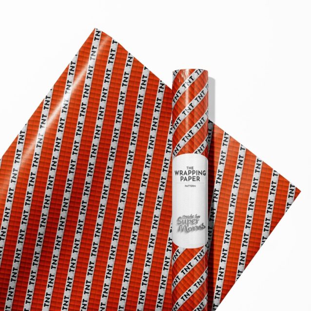 A brightly lit gift wrapped in Minecraft paper featuring a diamond sword and pickaxe pattern.