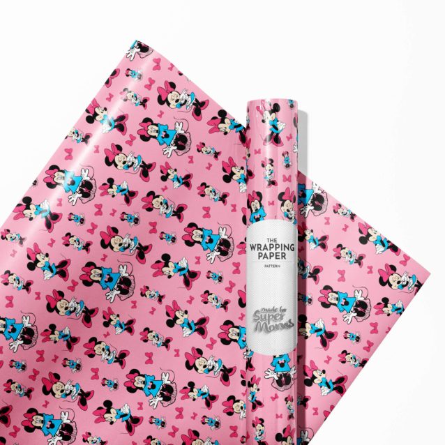 A beautifully wrapped birthday present using Minnie Mouse gift wrap.