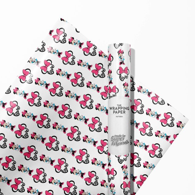 Minnie Mouse and Mickey Mouse festive wrapping paper design.