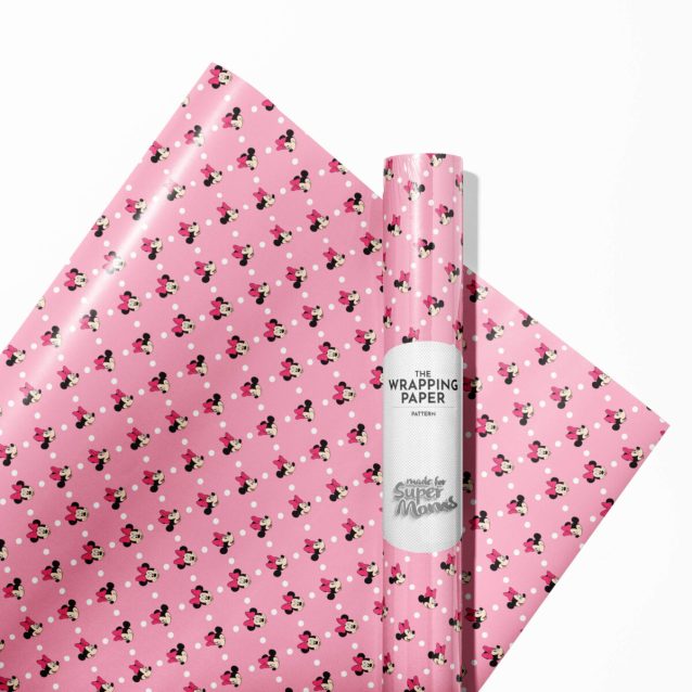 Minnie Mouse birthday gift wrap with vibrant character prints and bows.