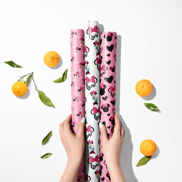 Close-up of high-quality 90 GSM glossy Minnie Mouse wrapping paper.