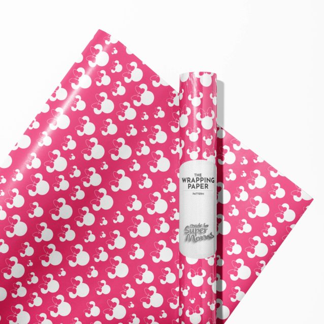 Edge-to-edge detailed print on a roll of Minnie Mouse wrapping paper.