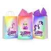 Three printable My Little Pony goodie bag fronts on paper party bags — Princess Cadance in her crown, Fluttershy holding a present and Rarity on rainbow backgrounds, each saying "thank you for coming!".