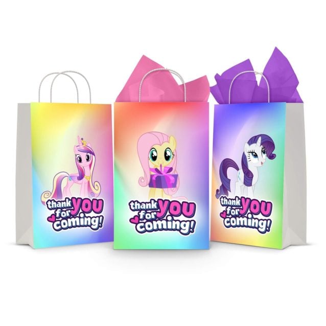 Three printable My Little Pony goodie bag fronts on paper party bags — Princess Cadance in her crown, Fluttershy holding a present and Rarity on rainbow backgrounds, each saying "thank you for coming!".