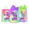 Three printable My Little Pony goodie bag fronts on paper party bags — Pinkie Pie with cupcakes, Twilight Sparkle and Rainbow Dash on rainbow backgrounds, each saying "thank you for coming!".