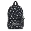Custom personalized Nevermore Academy fabric backpack for school showcasing the purple gothic school crest and heavy-duty padded straps.