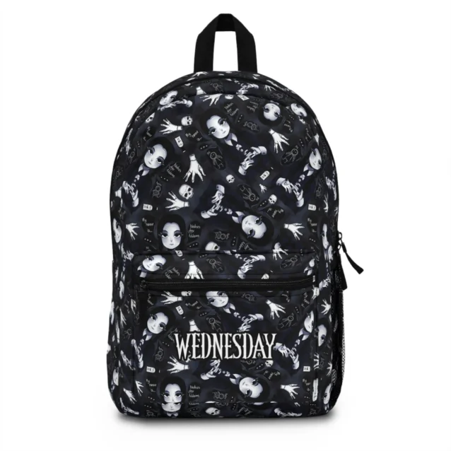 Custom personalized Nevermore Academy fabric backpack for school showcasing the purple gothic school crest and heavy-duty padded straps.