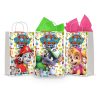 Three printable Paw Patrol goodie bag fronts on paper party bags — Marshall the fire pup, Rocky the recycling pup and Skye the aviator pup, each under the PAW PATROL badge on a paw-print background.