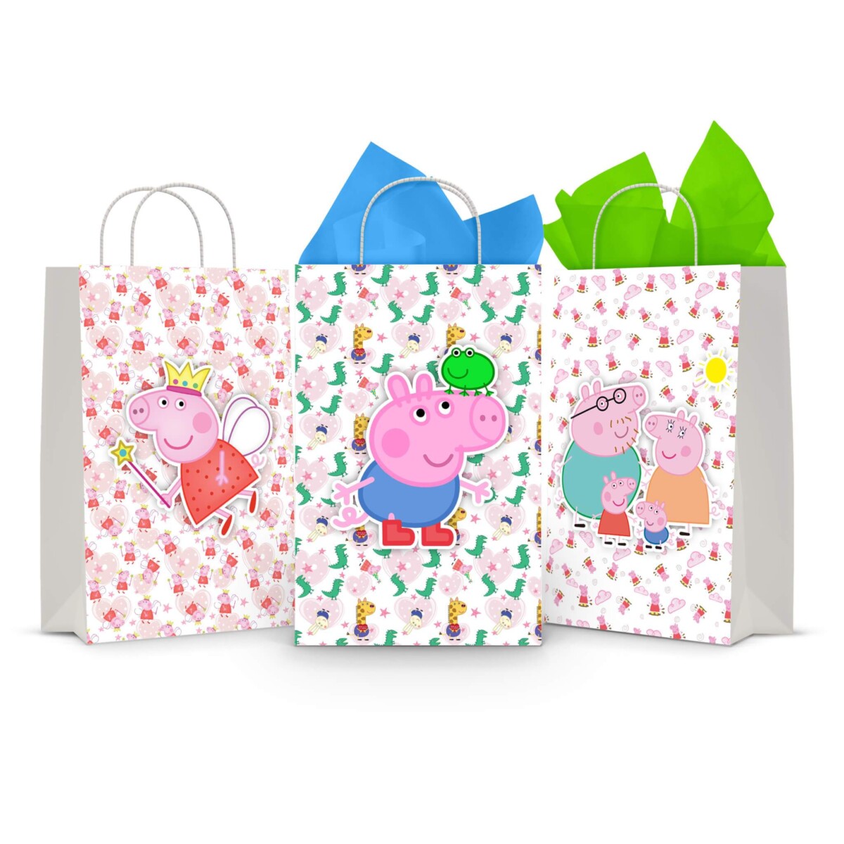 Three printable Peppa Pig goodie bag fronts on paper party bags — Peppa dressed as a fairy, George with Mr Dinosaur on his head, and the whole Pig family together, all on the pink Peppa pattern.