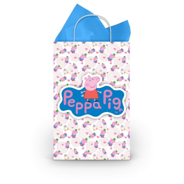 A printable Peppa Pig goodie bag front on a paper party bag — the classic Peppa Pig logo badge with Peppa beside it, on the pink Peppa-and-friends pattern.