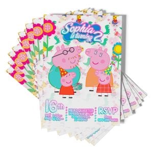 A Peppa Pig Invitation with a blue background and Peppa and George characters on it.
