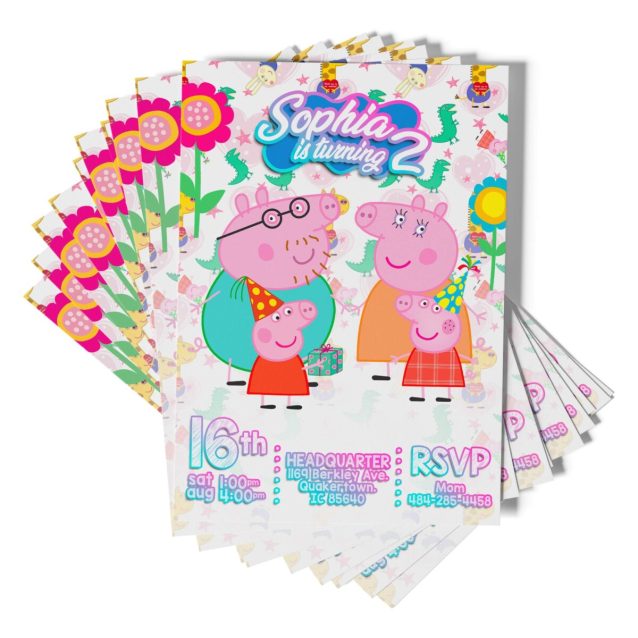 A Peppa Pig Invitation with a blue background and Peppa and George characters on it.