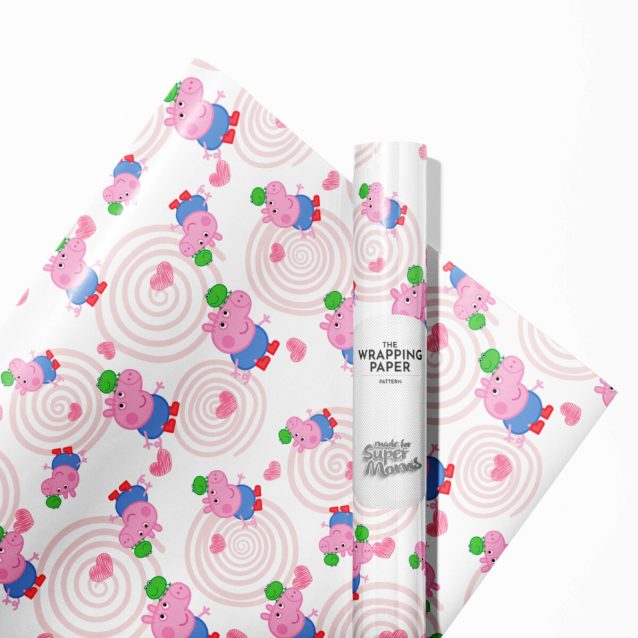 Roll of vibrant Peppa Pig wrapping paper featuring Peppa and George.