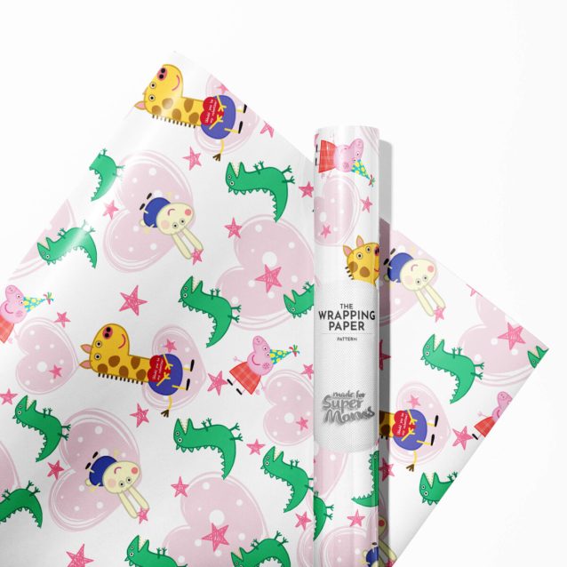 Close-up of the glossy finish on Peppa Pig birthday wrapping paper.