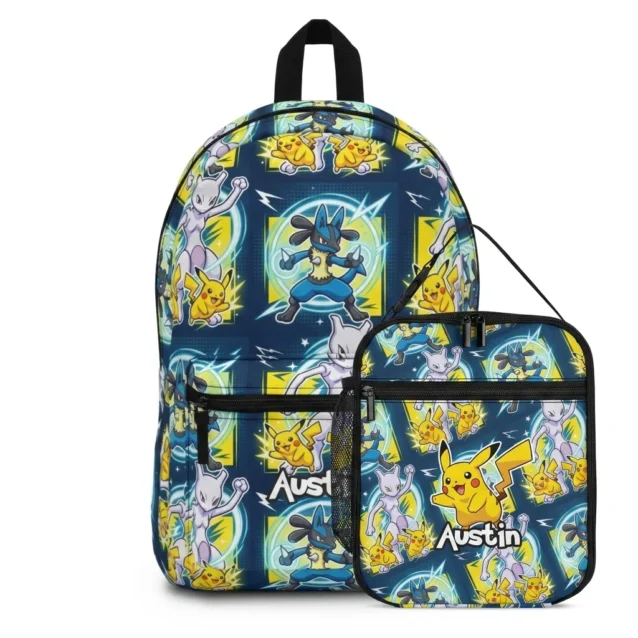Personalized Mewtwo and Lucario Pokémon backpack and lunch bag set