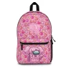 Front display view of the hot pink variant Among Us school backpack for girls featuring a dense repeating pattern of colorful crewmates