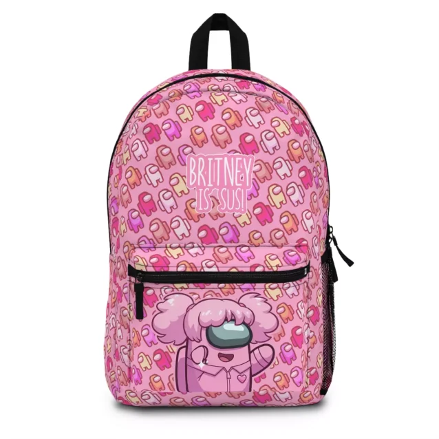 Front display view of the hot pink variant Among Us school backpack for girls featuring a dense repeating pattern of colorful crewmates