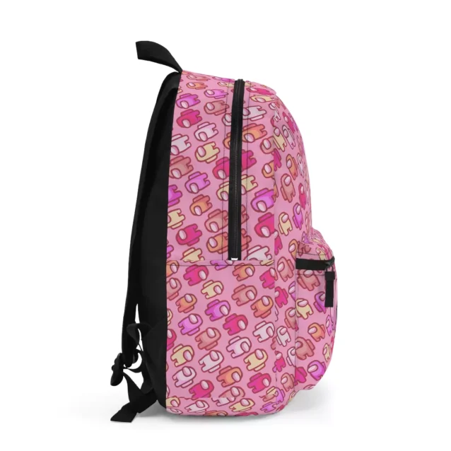 Side view of the pink Among Us rucksack, highlighting the mesh pocket perfect for a water bottle.