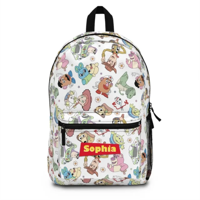 Bottom view of the durable Toy Story personalized school backpack highlighting the reinforced canvas base for heavy textbooks.