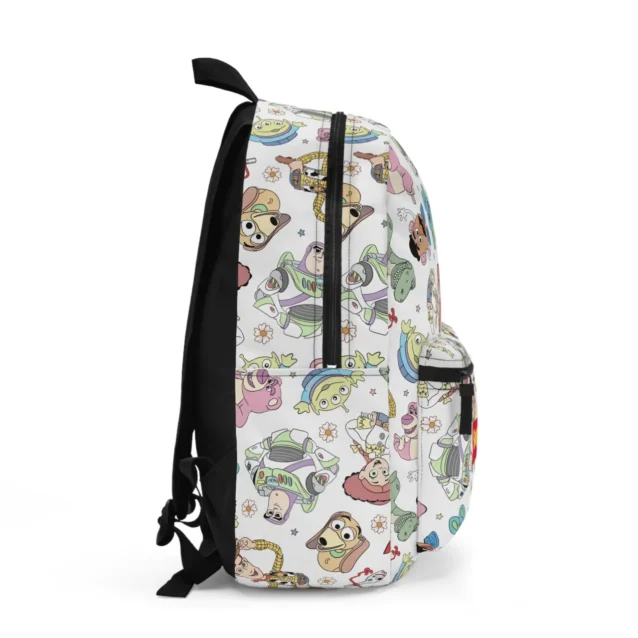 Open interior view of the personalized Toy Story school backpack showing spacious compartments for folders and a matching lunch box.