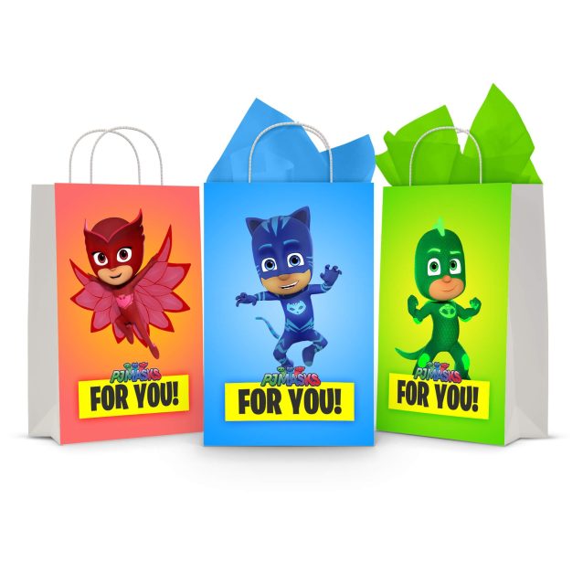 Three printable PJ Masks goodie bag fronts on paper party bags — Owlette on red, Catboy on blue and Gekko on green, each with the "For You!" banner.